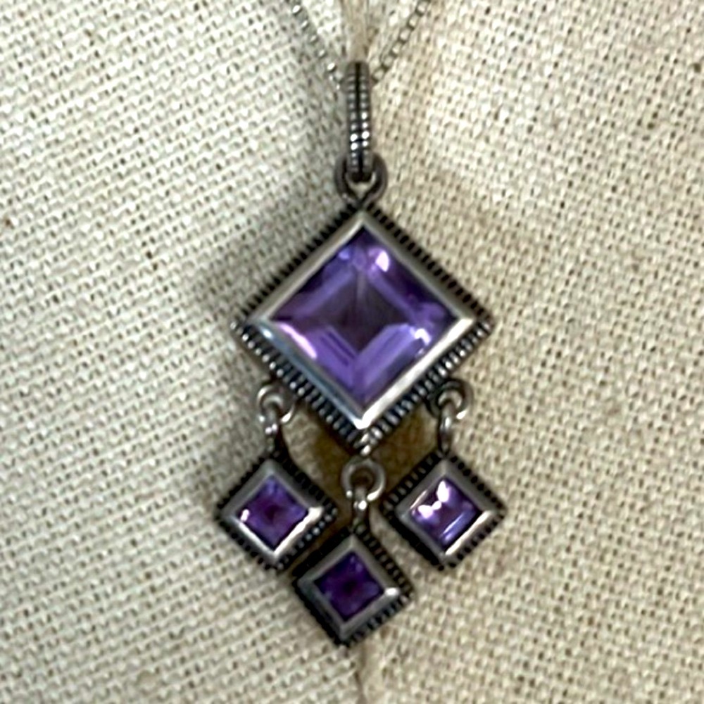 Vintage Amethyst and Silver Geometric Art Deco Pendant Necklace